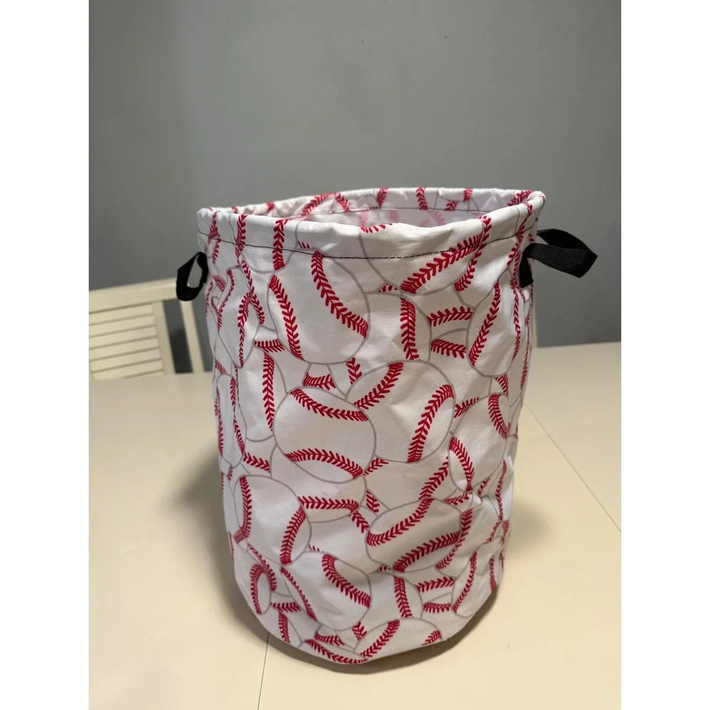 Baseball Print Storage Bin Laundry Hamper Toy Organizer Sports Theme White Red